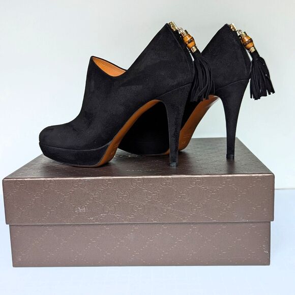 Gucci Betty High Heel Platform Bootie Size 36.5 | 6.5 Black Suede Bamboo Tassel - Picture 11 of 15